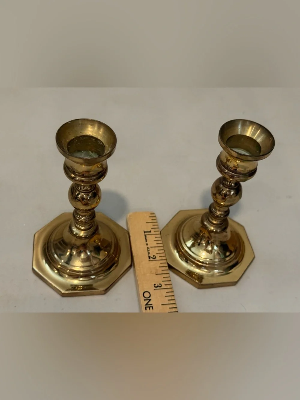 Vintage Octagon Base Pair Of Candlesticks  Polished Brass‎ 5” tall 3